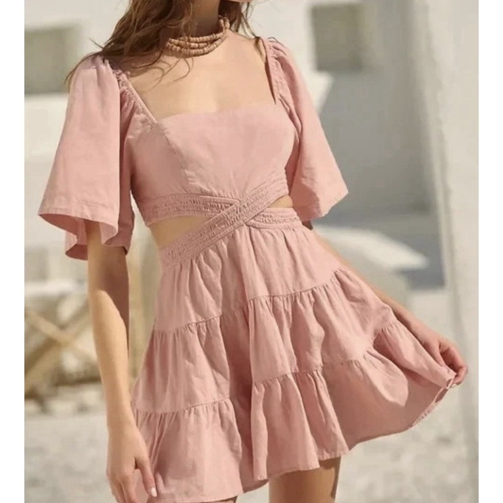 Free People Cross Of Sunlight Linen Cotton Pink Puff Sleeve Mini Dress S
